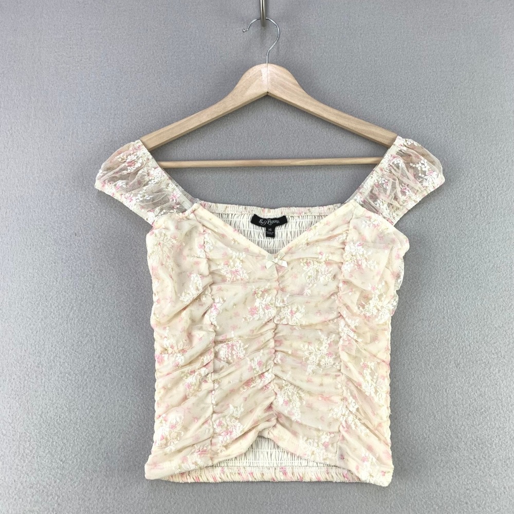 Y2K Self Esteem Floral Lace Mesh Top Women XS Cream Pink Ruched Stretch Girlie
